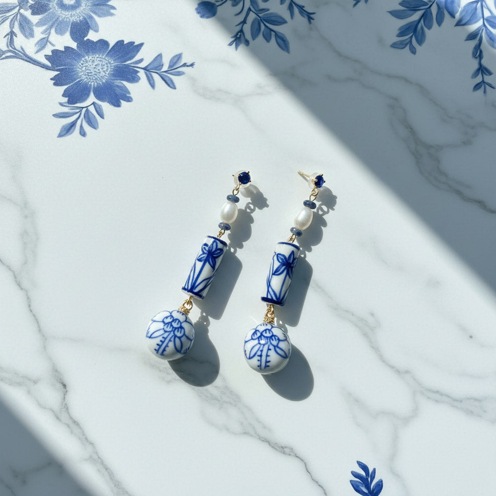 Blue &amp; White Porcelain Dangle Earrings with Pearls &amp; Lapis