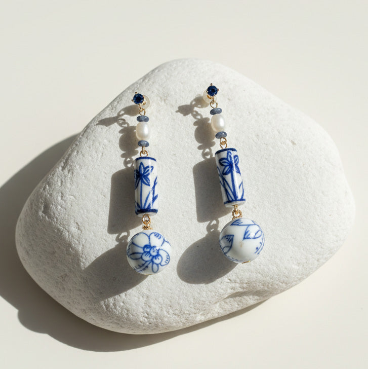 Blue &amp; White Porcelain Dangle Earrings with Pearls &amp; Lapis