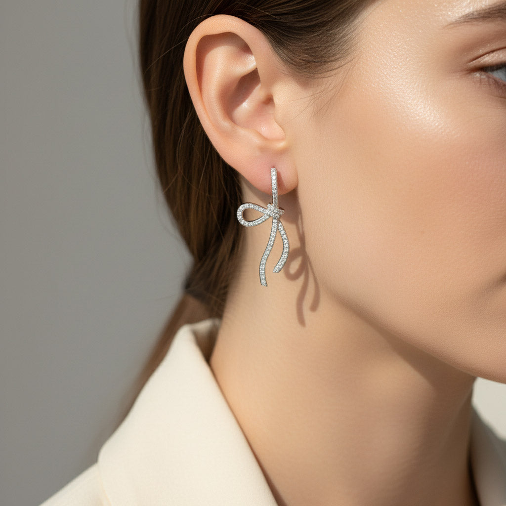 Bow Moissanite Drop Earrings in Platinum Plated Silver