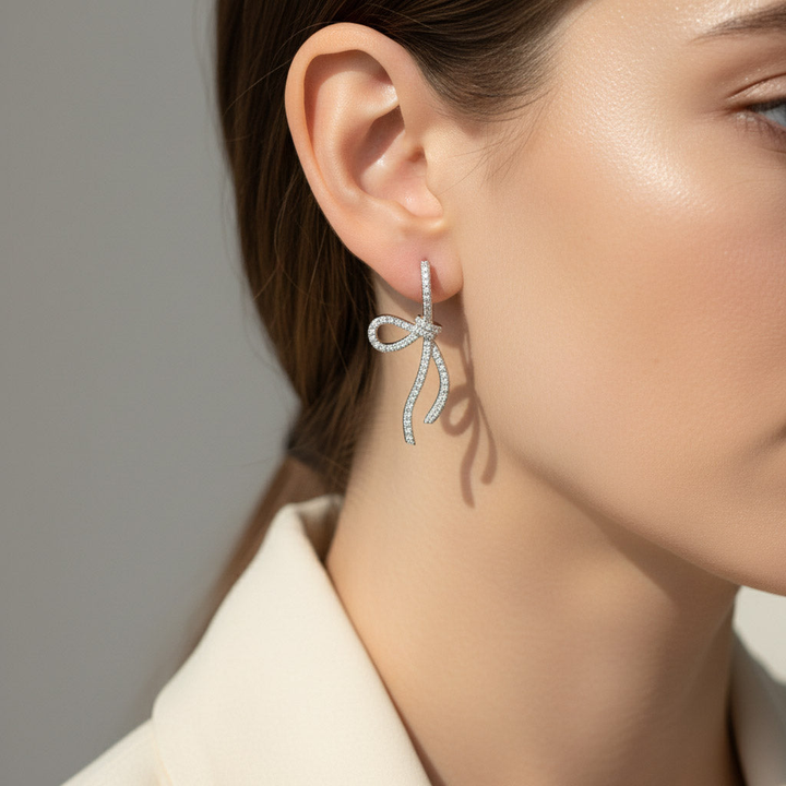 Bow Moissanite Drop Earrings in Platinum Plated Silver