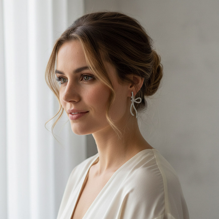 Bow Moissanite Drop Earrings in Platinum Plated Silver