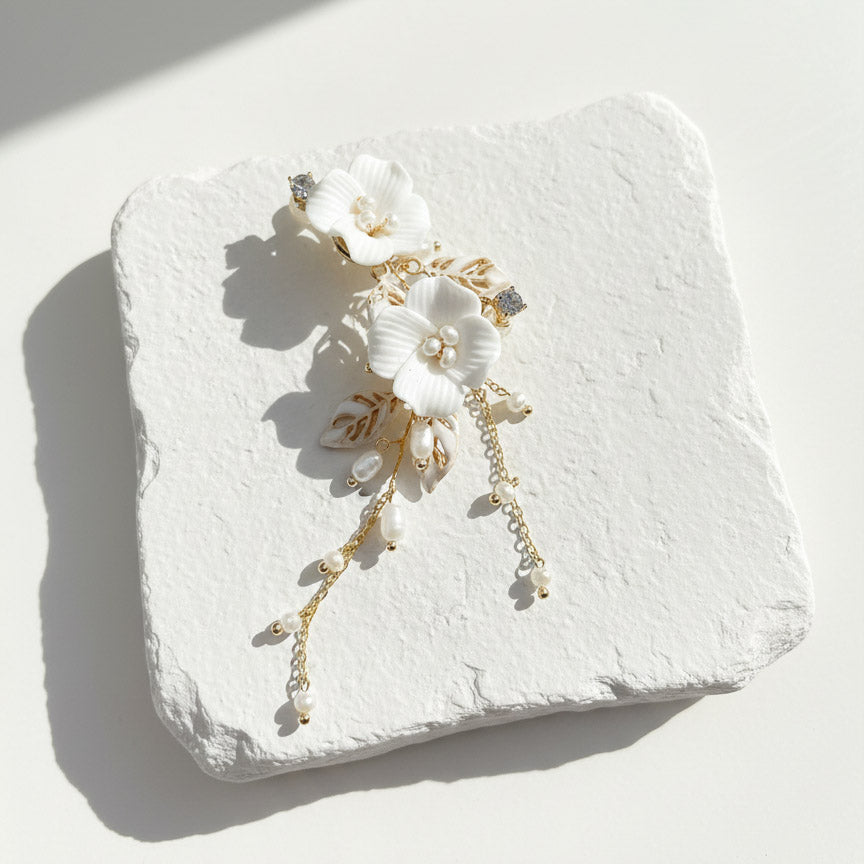 Porcelain Camellia Drop Earrings with Freshwater Pearls