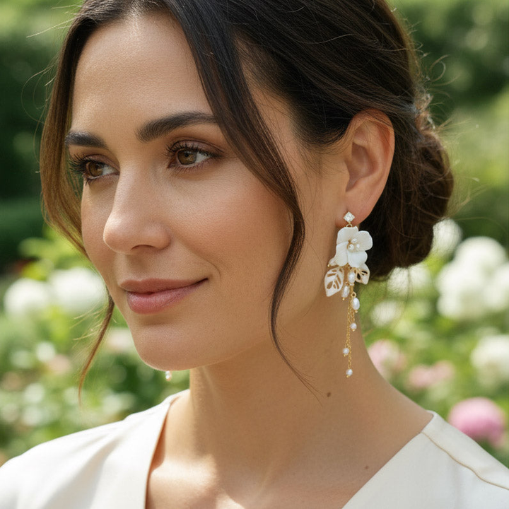 Porcelain Camellia Drop Earrings with Freshwater Pearls