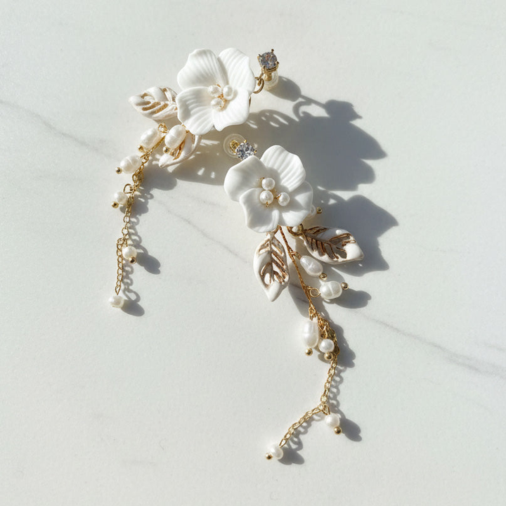 Porcelain Camellia Drop Earrings with Freshwater Pearls