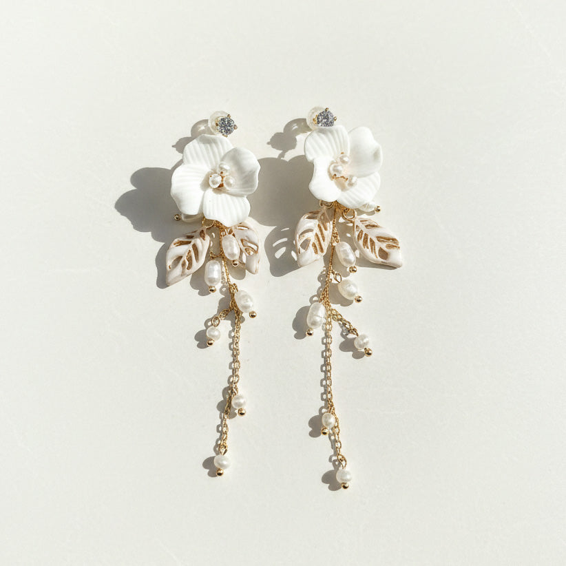 Porcelain Camellia Drop Earrings with Freshwater Pearls
