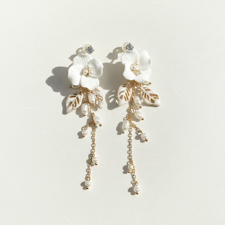 Porcelain Camellia Drop Earrings with Freshwater Pearls