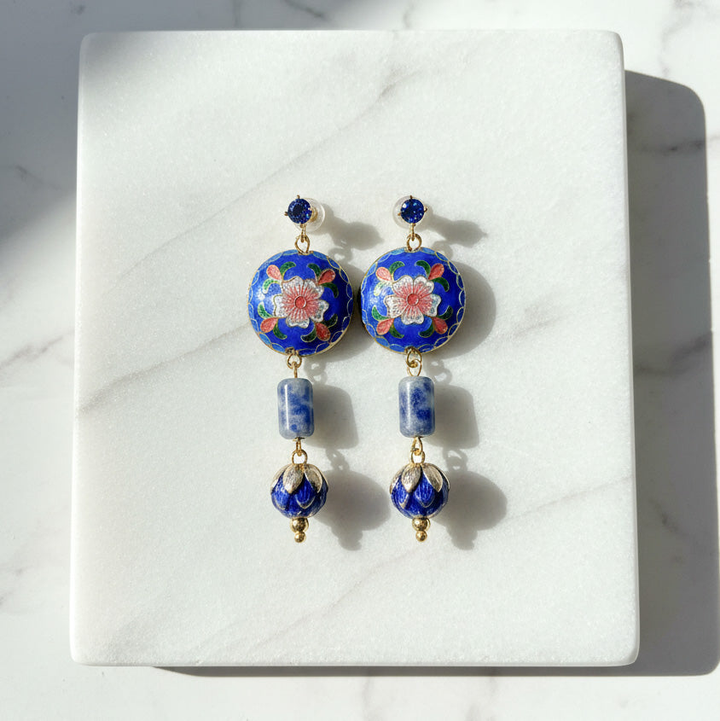 Cloisonné Floral Sodalite Dangle Earrings in 18K Gold-Plated Brass