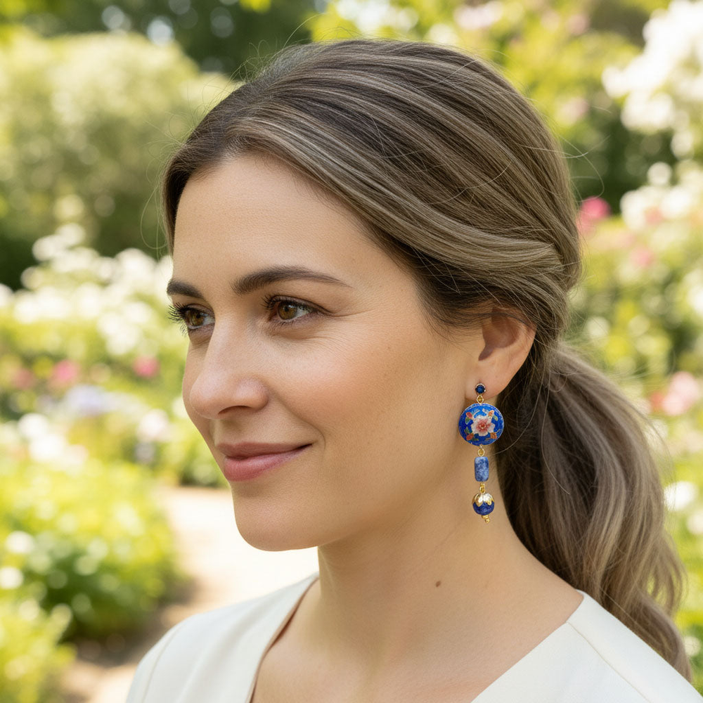 Cloisonné Floral Sodalite Dangle Earrings in 18K Gold-Plated Brass