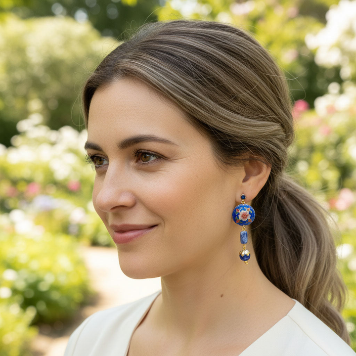 Cloisonné Floral Sodalite Dangle Earrings in 18K Gold-Plated Brass