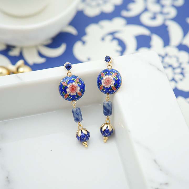 Cloisonné Floral Sodalite Dangle Earrings in 18K Gold-Plated Brass