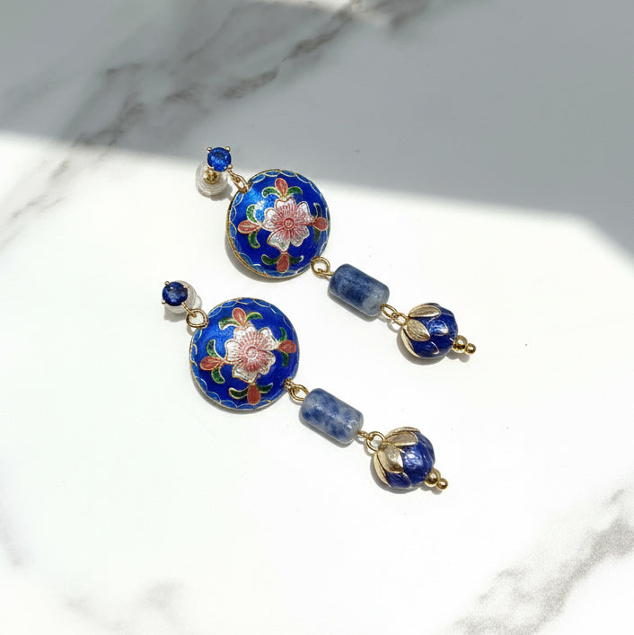 Cloisonné Floral Sodalite Dangle Earrings in 18K Gold-Plated Brass