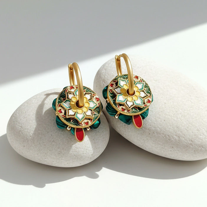 Convertible Cloisonné, Malachite & Pearl Multi-Way Hoop Earrings