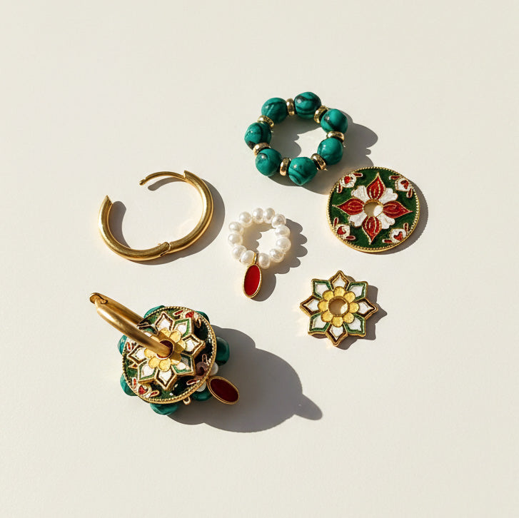 Convertible Cloisonné, Malachite &amp; Pearl Multi-Way Hoop Earrings
