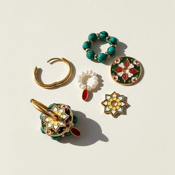 Convertible Cloisonné, Malachite &amp; Pearl Multi-Way Hoop Earrings