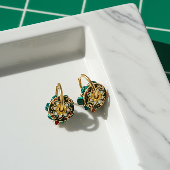 Convertible Cloisonné, Malachite &amp; Pearl Multi-Way Hoop Earrings