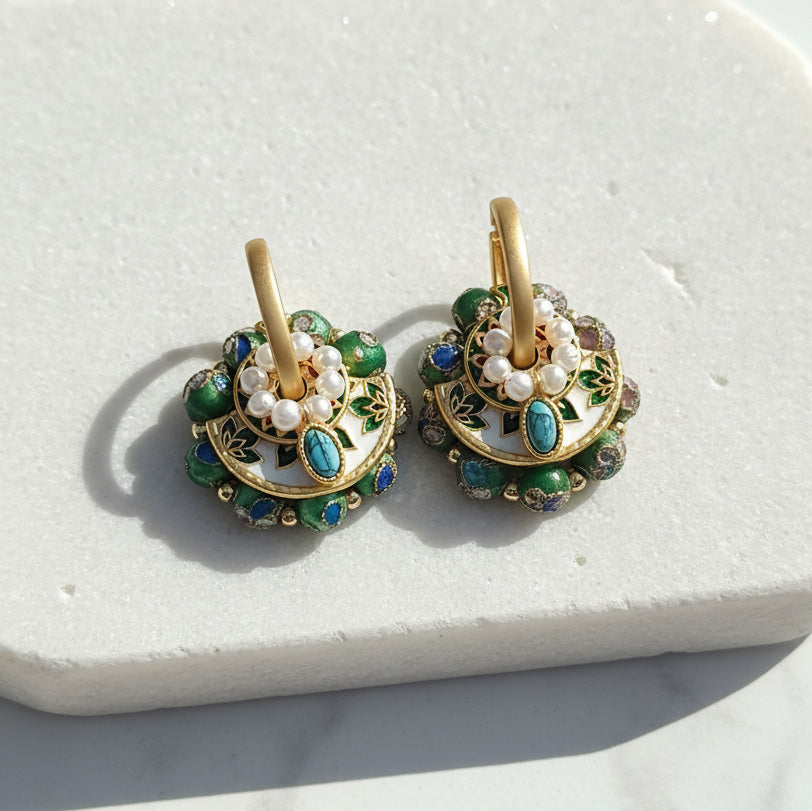 Convertible Green Cloisonné & Pearl Multi-Way Hoop Earrings