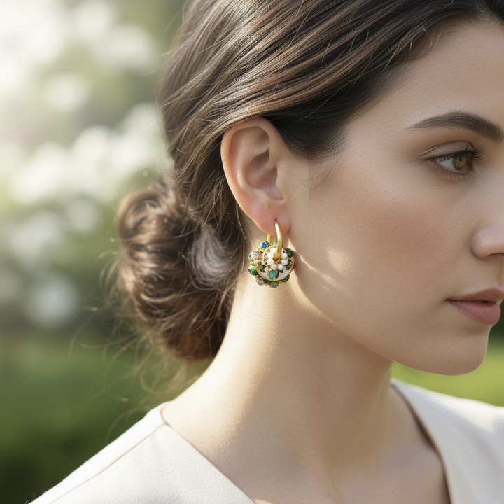 Convertible Green Cloisonné &amp; Pearl Multi-Way Hoop Earrings