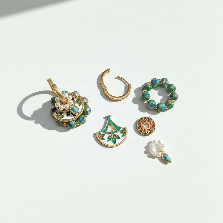 Convertible Green Cloisonné &amp; Pearl Multi-Way Hoop Earrings