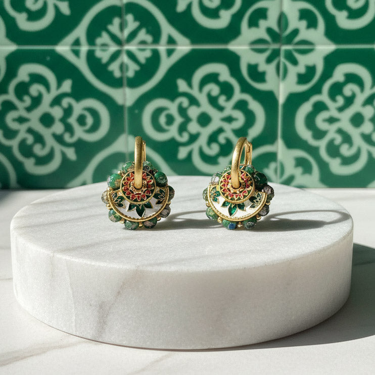 Convertible Green Cloisonné &amp; Pearl Multi-Way Hoop Earrings