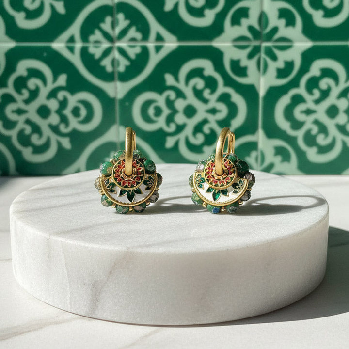 Convertible Green Cloisonné &amp; Pearl Multi-Way Hoop Earrings
