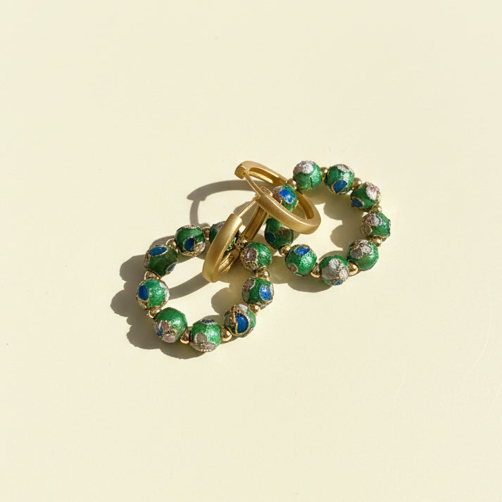 Convertible Green Cloisonné &amp; Pearl Multi-Way Hoop Earrings