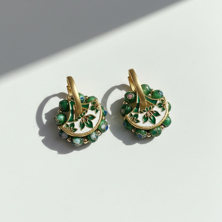 Convertible Green Cloisonné &amp; Pearl Multi-Way Hoop Earrings