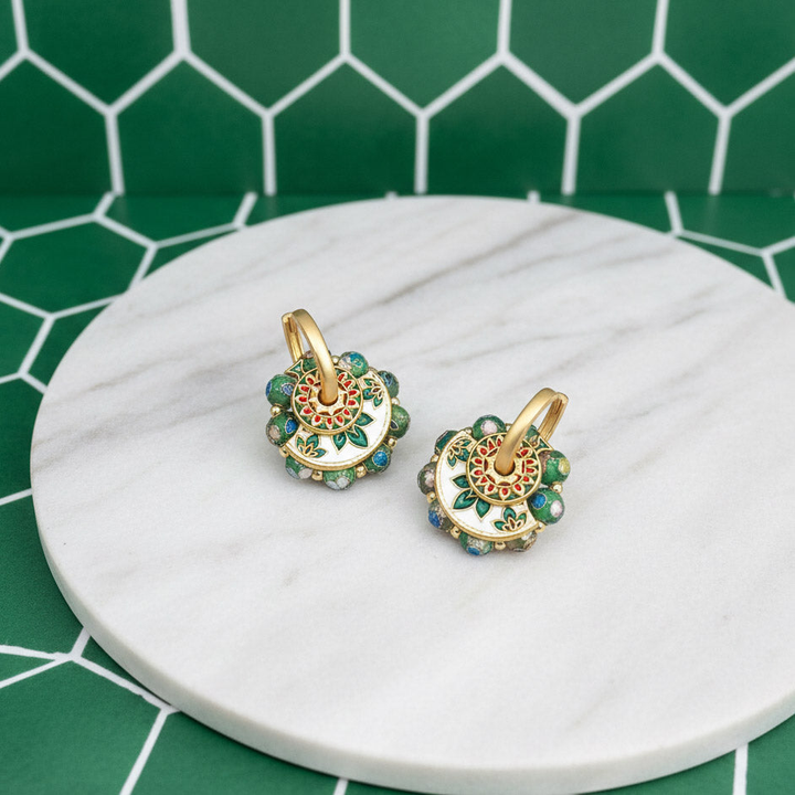 Convertible Green Cloisonné &amp; Pearl Multi-Way Hoop Earrings