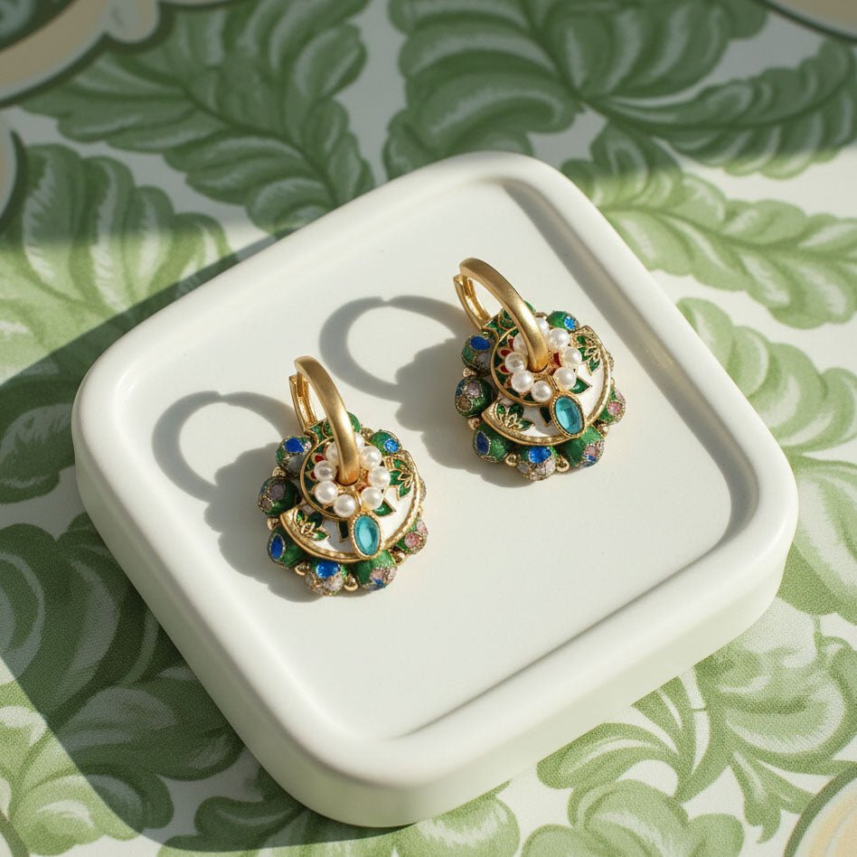 Convertible Green Cloisonné &amp; Pearl Multi-Way Hoop Earrings
