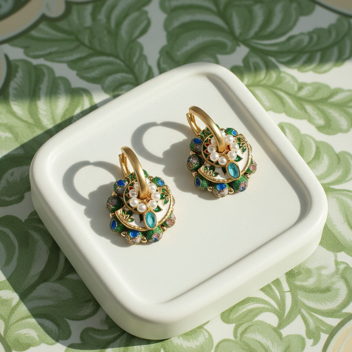 Convertible Green Cloisonné &amp; Pearl Multi-Way Hoop Earrings