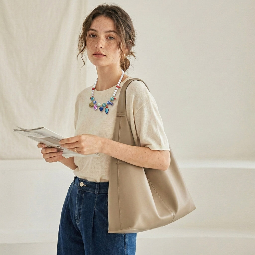 Soft Slouchy Leather Tote Bag with Pouch