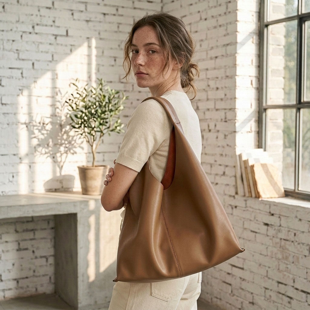 Soft Slouchy Leather Tote Bag with Pouch