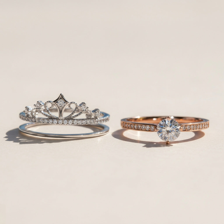 Crown Moissanite Ring Set | Vintage Tiara Stackable Rings