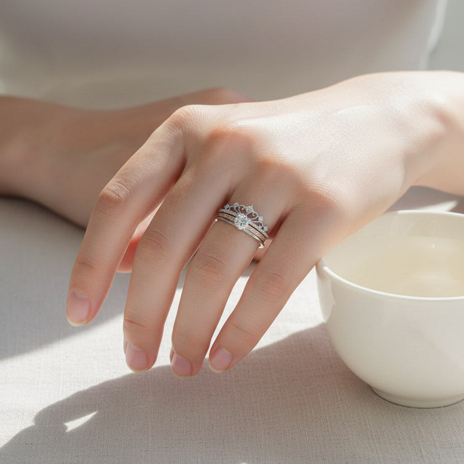 Crown Moissanite Ring Set | Vintage Tiara Stackable Rings