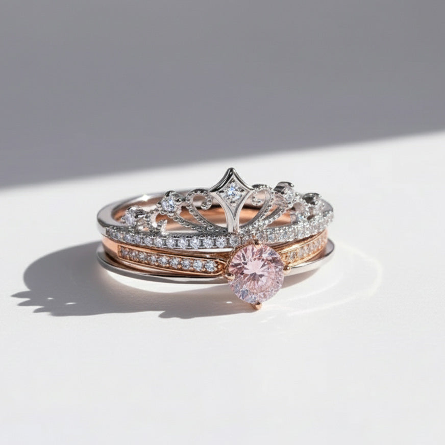 Crown Moissanite Ring Set | Vintage Tiara Stackable Rings