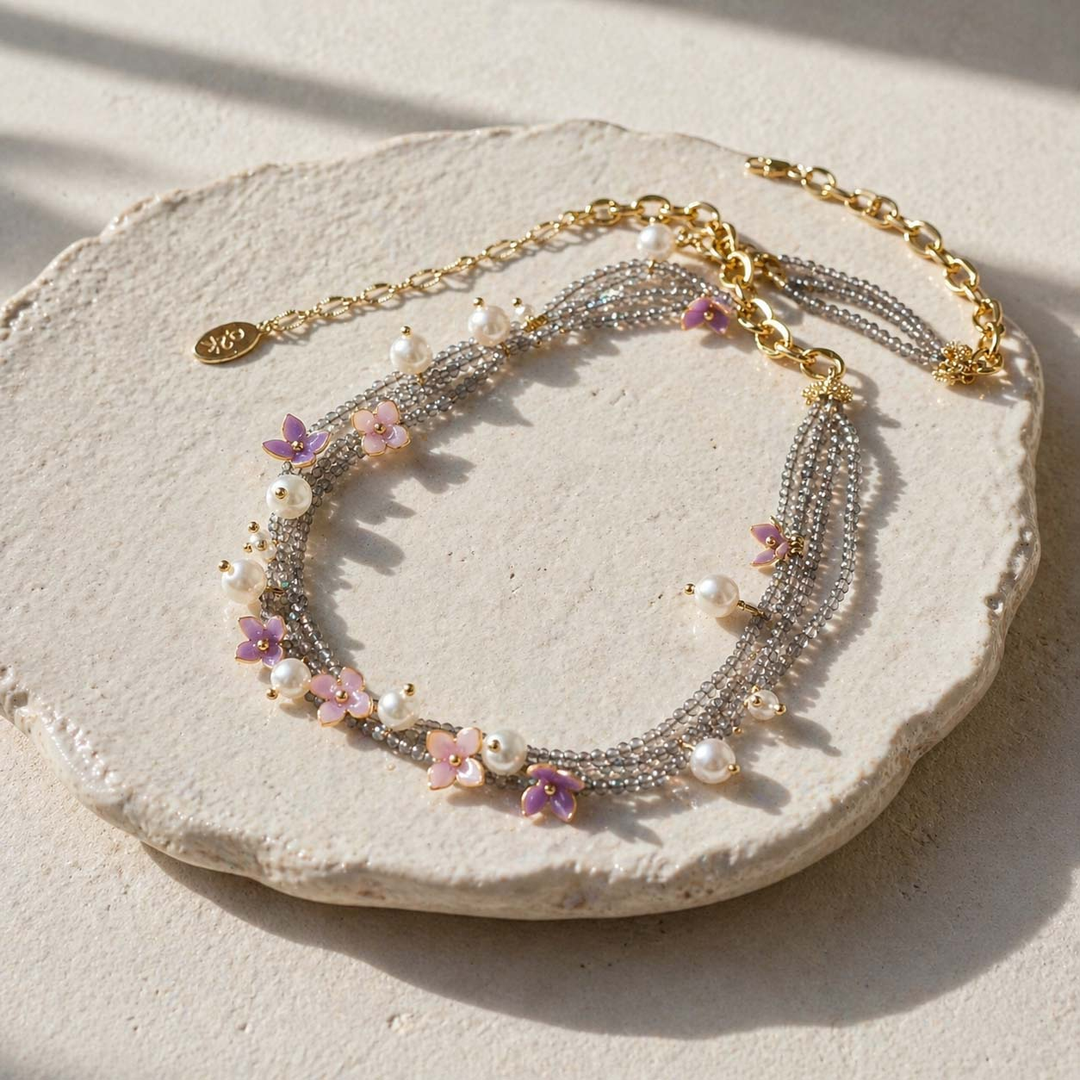 Floral Pearl Statement Necklace with Hand-Painted Enamel Flowers
