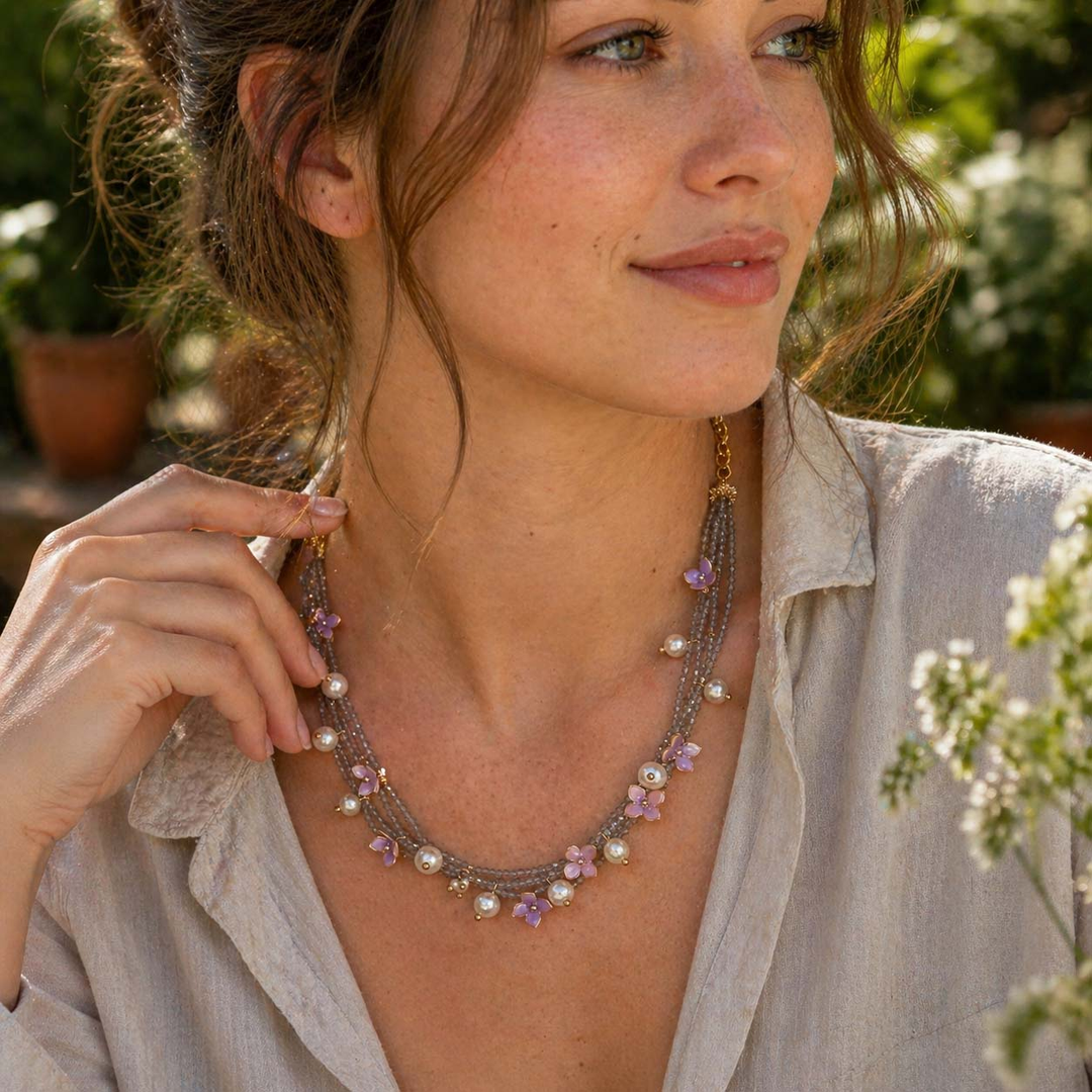 Floral Pearl Statement Necklace with Hand-Painted Enamel Flowers