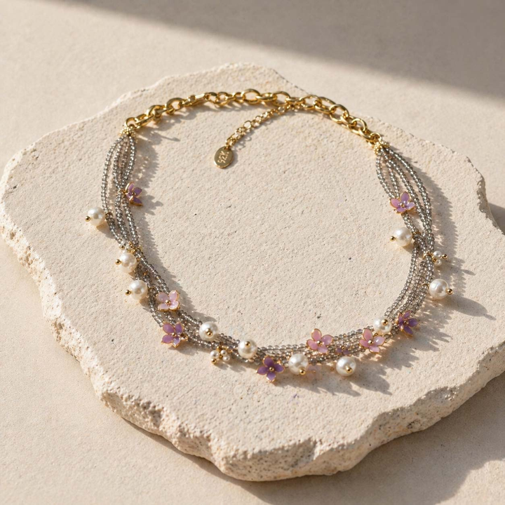 Floral Pearl Statement Necklace with Hand-Painted Enamel Flowers