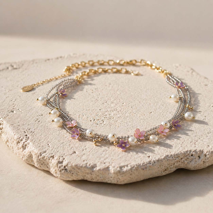 Floral Pearl Statement Necklace with Hand-Painted Enamel Flowers