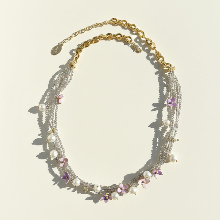 Floral Pearl Statement Necklace with Hand-Painted Enamel Flowers