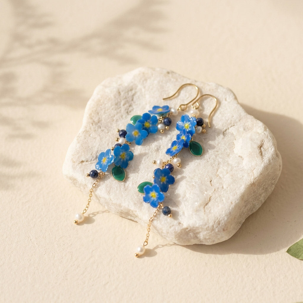 Forget-Me-Not Enamel & Lapis Drop Earrings