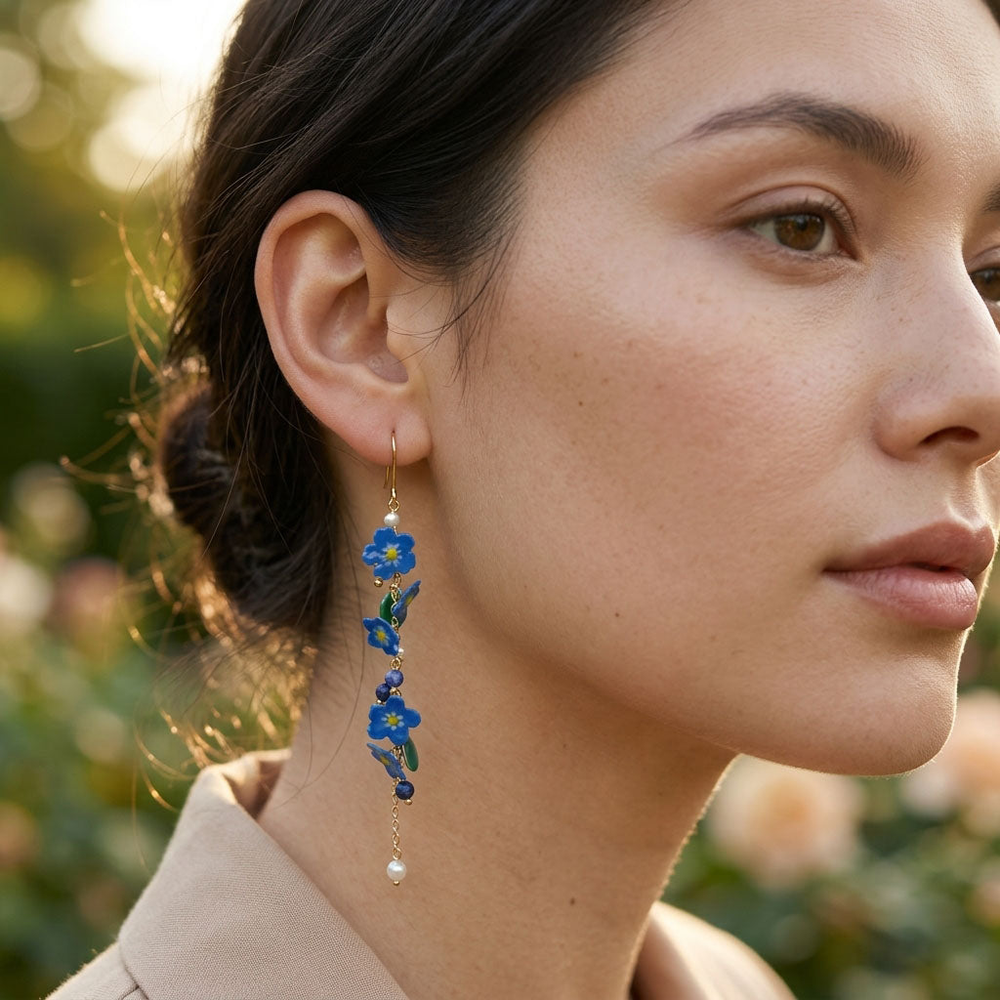 Forget-Me-Not Enamel & Lapis Drop Earrings