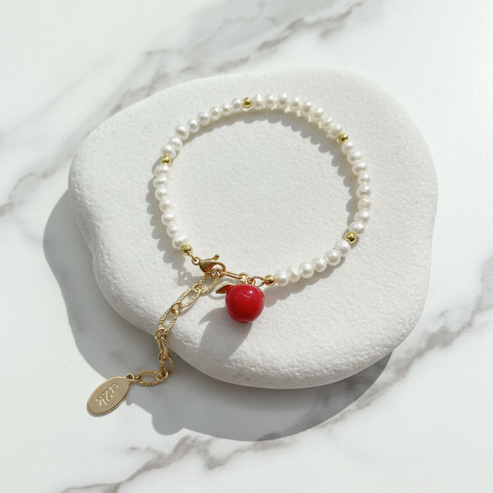 Freshwater Pearl Bracelet with Hand-Painted Apple Charm