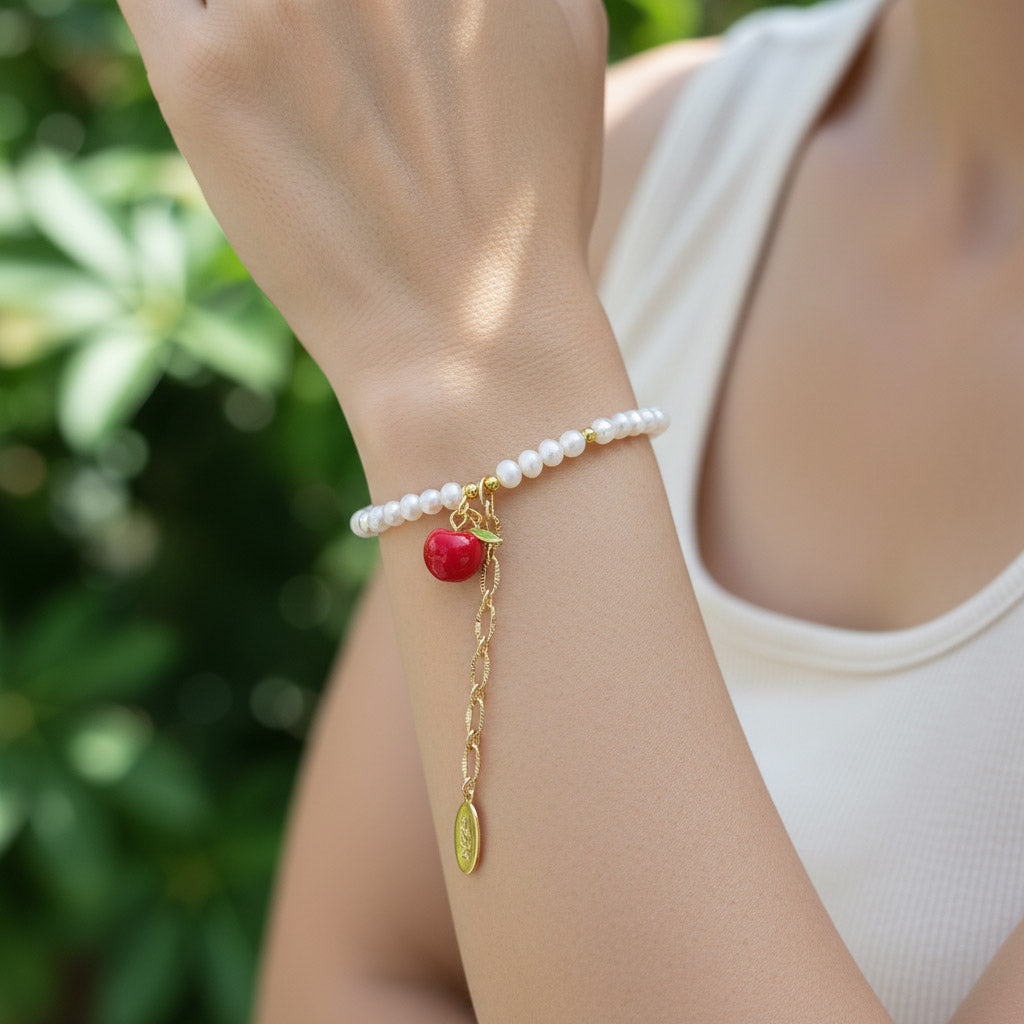 Freshwater Pearl Bracelet with Hand-Painted Apple Charm