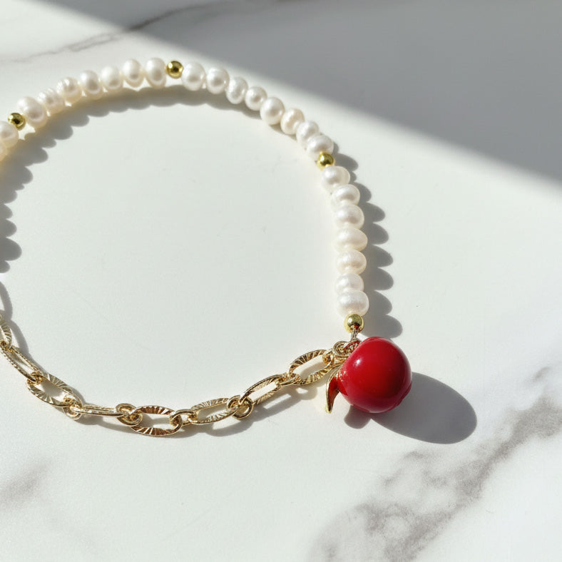 Freshwater Pearl Bracelet with Hand-Painted Apple Charm