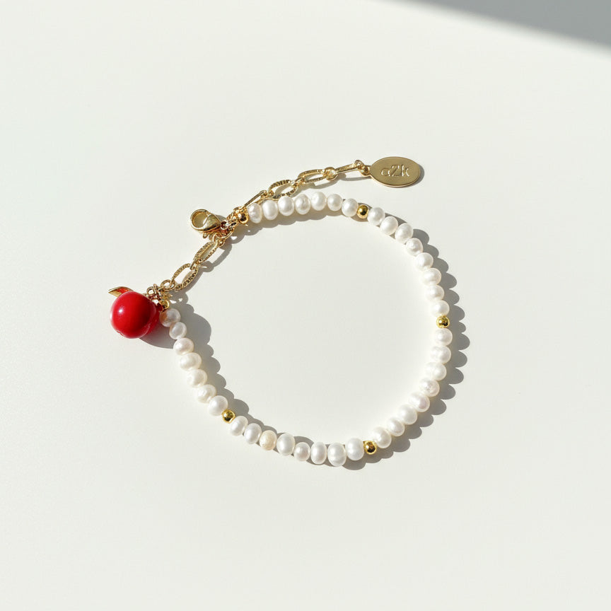 Freshwater Pearl Bracelet with Hand-Painted Apple Charm