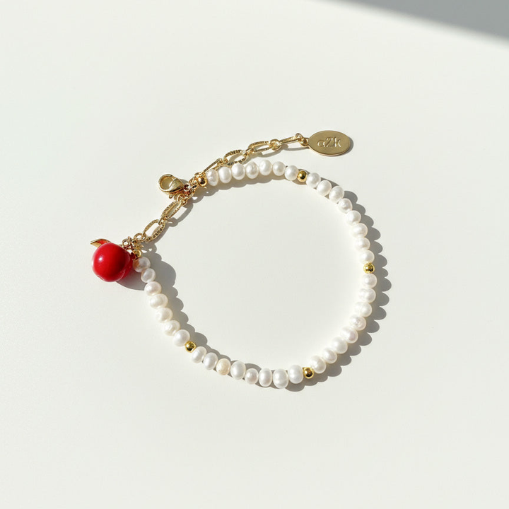 Freshwater Pearl Bracelet with Hand-Painted Apple Charm