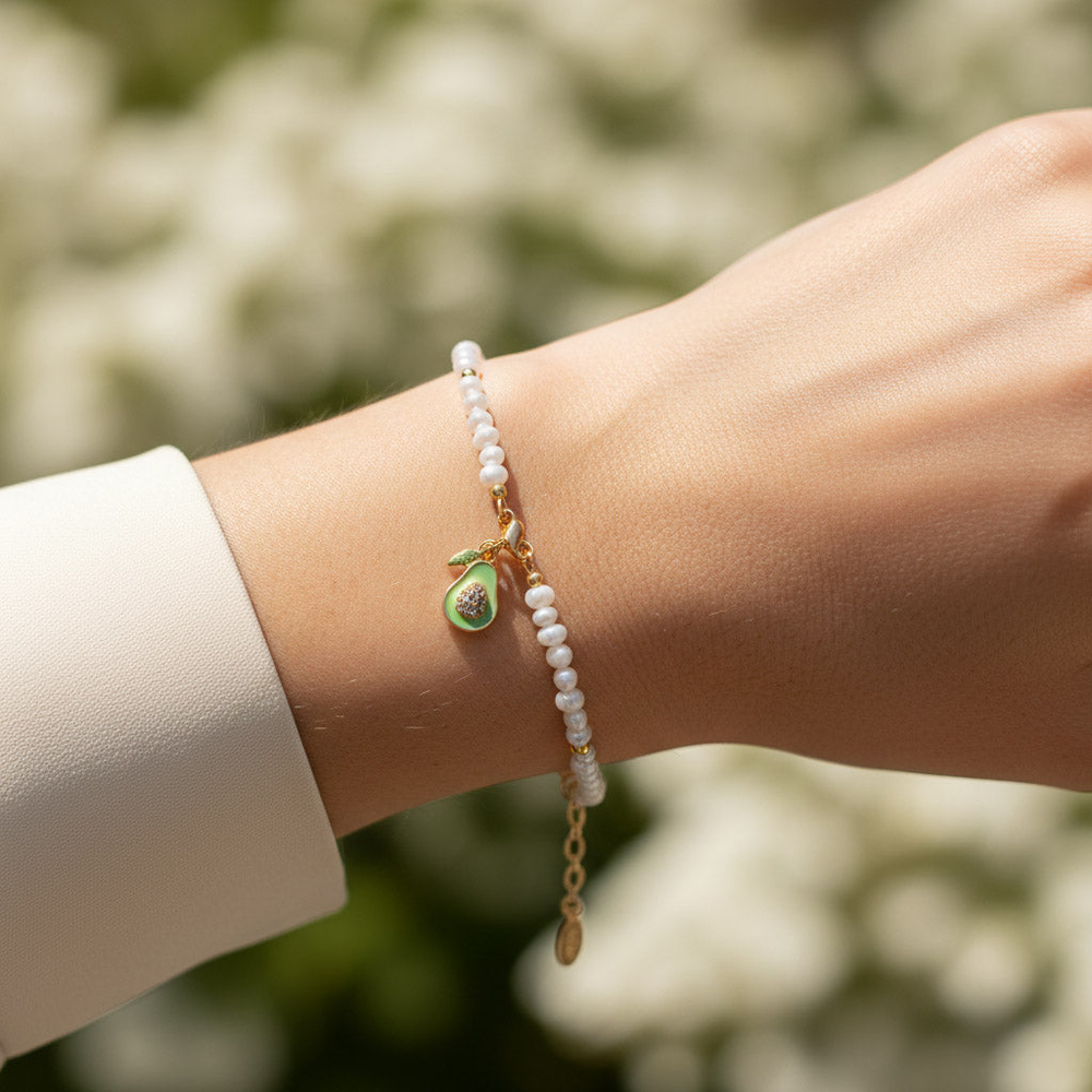 Freshwater Pearl Bracelet with CZ Paved Avocado Charm