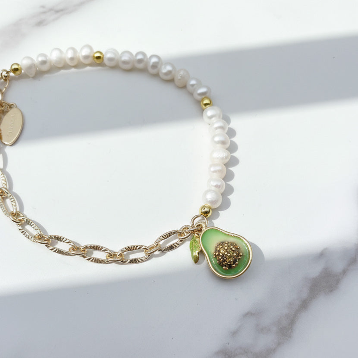 Freshwater Pearl Bracelet with CZ Paved Avocado Charm