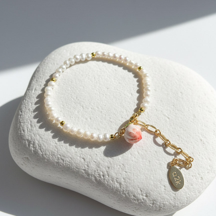 Freshwater Pearl Bracelet with Hand-Painted Peach Charm
