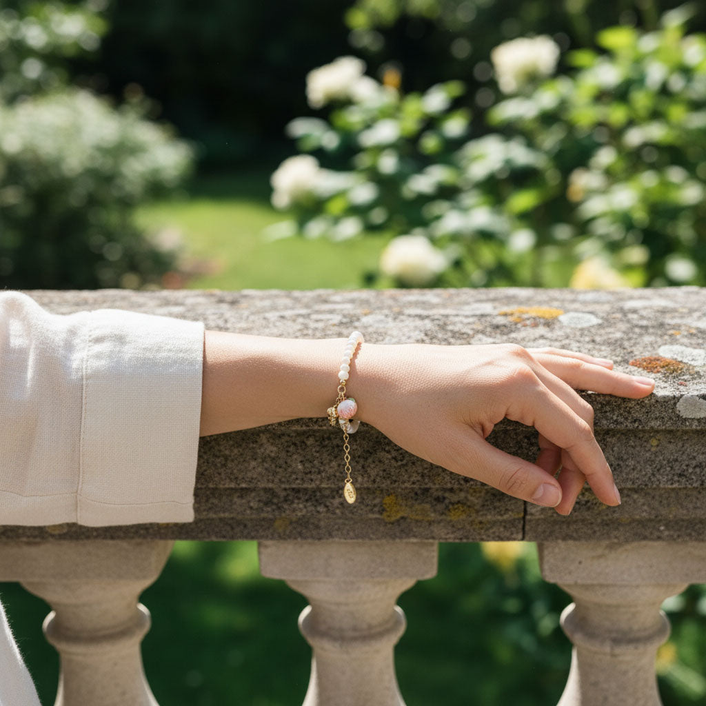Freshwater Pearl Bracelet with Hand-Painted Peach Charm